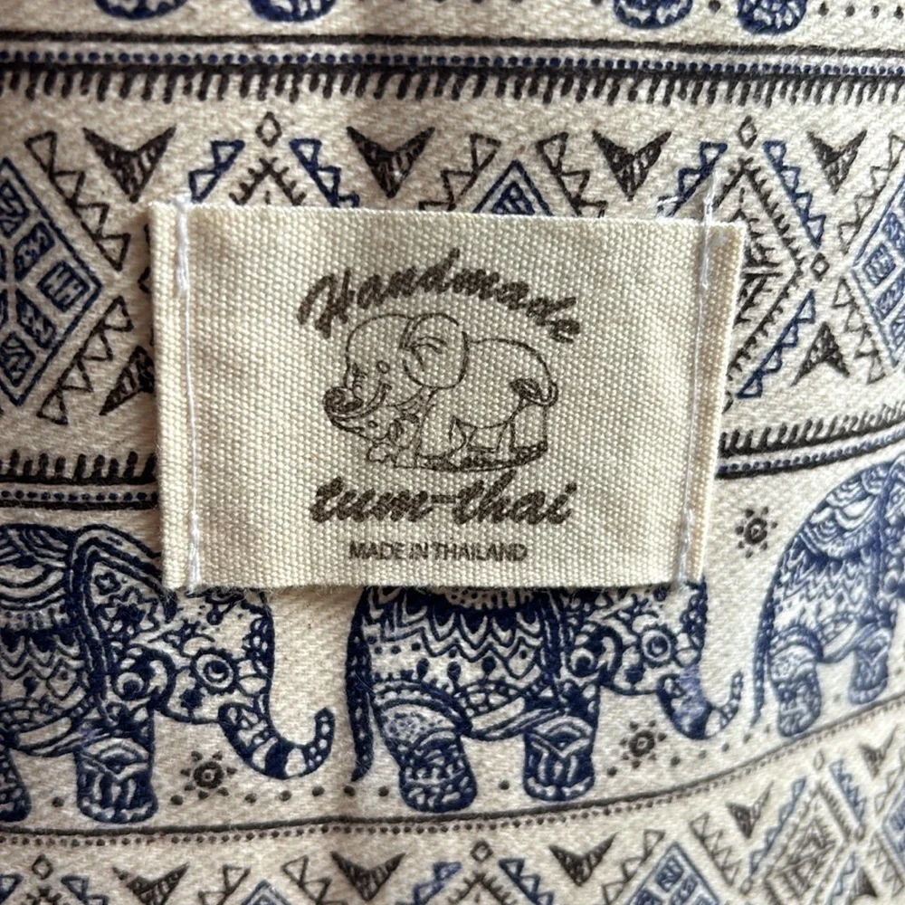 Handmade tum-thai canvas elephant print backpack with rope shoulder straps